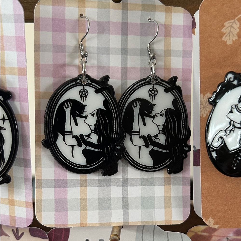 Black and White Witch & Black Cat Cameo Earrings